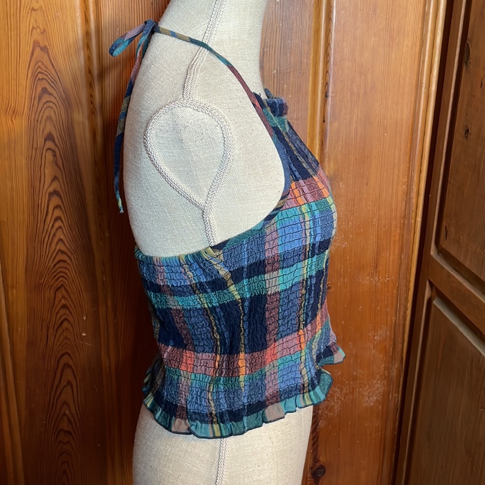 American Eagle Outfitters Blue & Pink Plaid Crop Halter Top - Picture 3 of 8